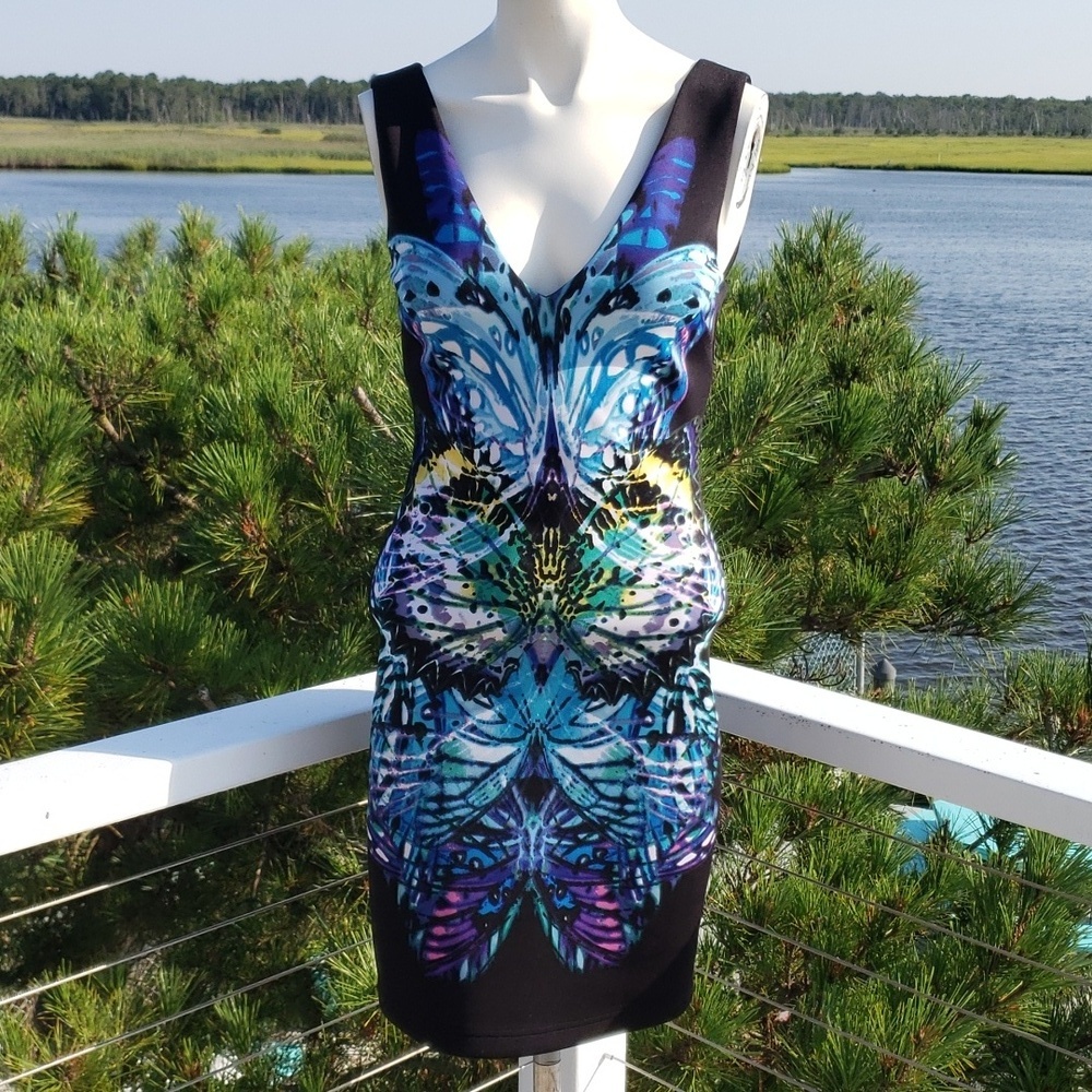 BEBE Bodycon Black & Colorful Butterfly Print Sleeveless Mini Dress Size XS